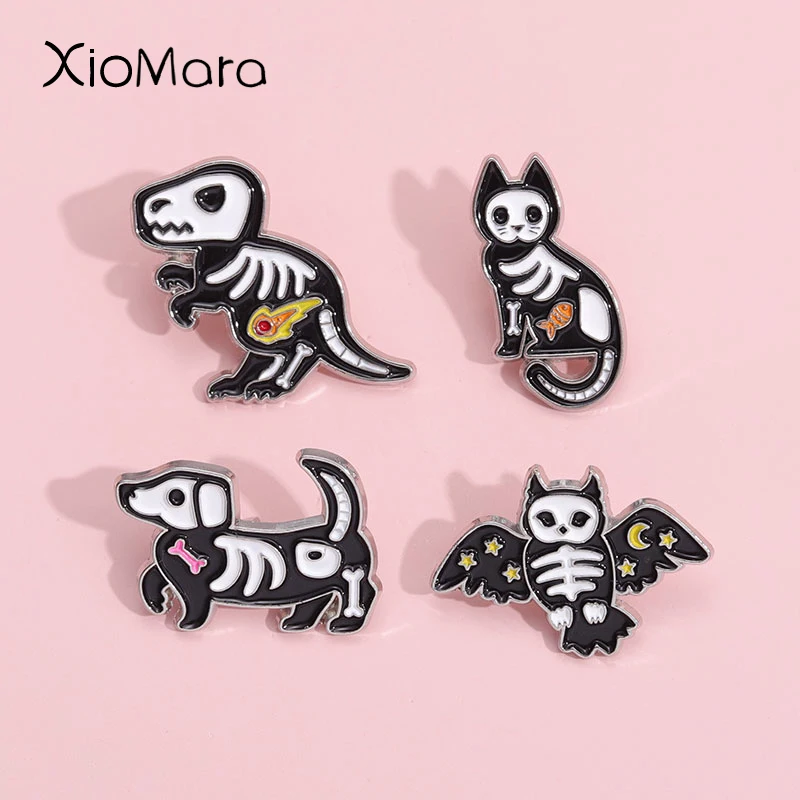 Dark Animal Bone Emaille Pins Benutzerdefinierte Dinosaurier Katze Hund Broschen Revers Abzeichen Terror Schmuck Halloween Geschenk für Frau Freund