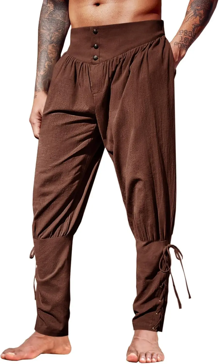 Mens Medieval Ankle Pants Renaissance Viking Pirate Lace Up Tapered Halloween Linen Costume Trousers