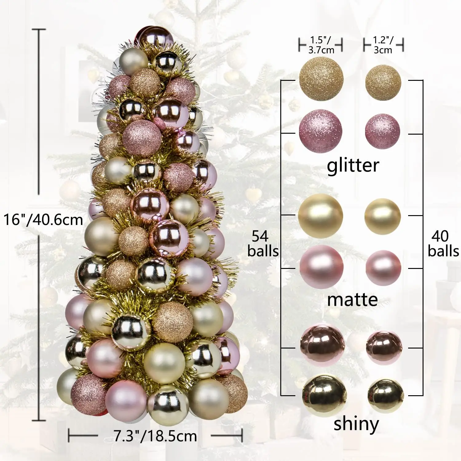 شجرة عيد الميلاد الصغيرة مقاس 16 بوصة مع 94 زينة مقاومة للكسر - ديكور ذهبي وردي #6