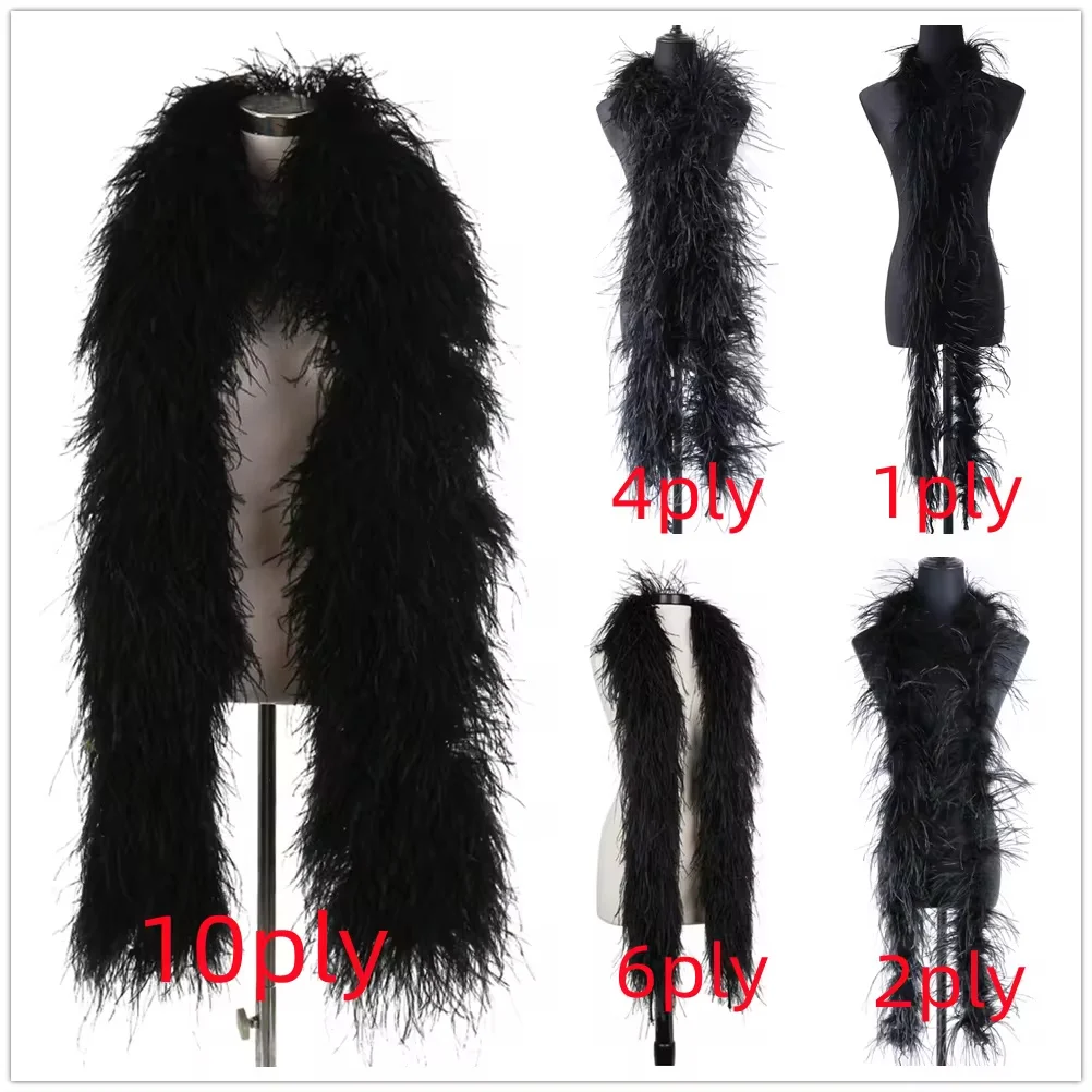 1-10Ply Black Ostrich Feather Boa Trim Party Shawl Wedding Drees Clothes Ostrich Plumes Boa Carnival Craft Fluffy Stage Decor 2M