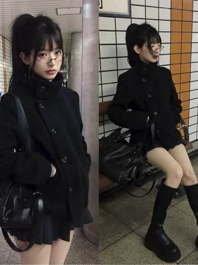 Chic Retro Japanese Style Stand Collar Woolen Jacket Slimming Short Coat for Women Sweet Pure Color Polyester Fiber