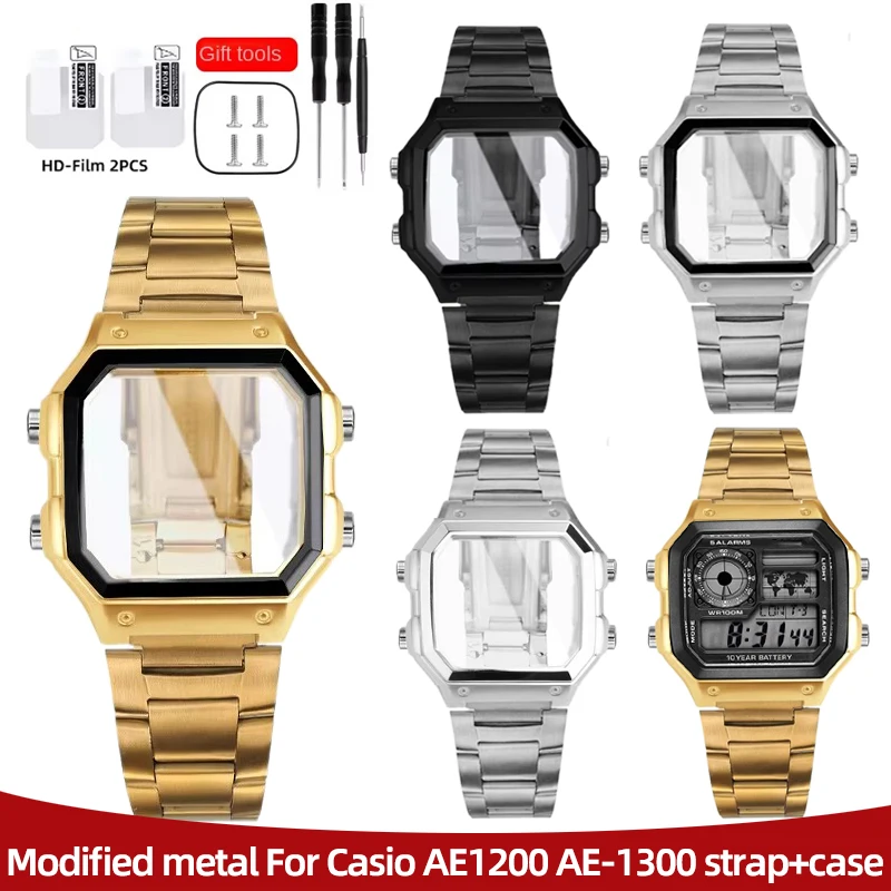 

mod kit Modified metal For Casio AE1200 case 3299 AE-1200 AE-1300 bezel glass strap ring stainless steel Watch band Accessories