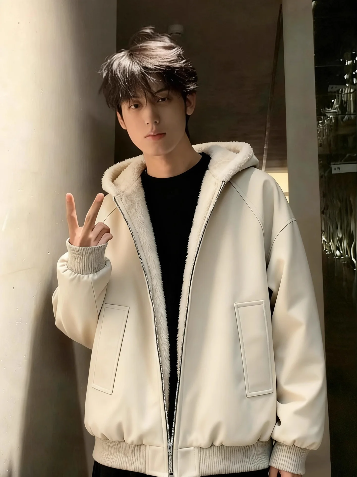 

Зимняя мужская куртка Thiened с меховым воротником, хлопковое пальто из искусственной кожи с капюшоном, теплая хлопковая куртка на подкладке, подставка