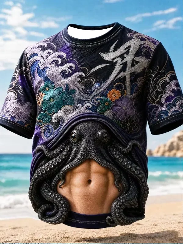 Fun Visual Illusion Octopus Abdominal Muscles Sport Quick-dry Breath 3D Printed Men T-Shirt Street Fashion Parent-child Clothing