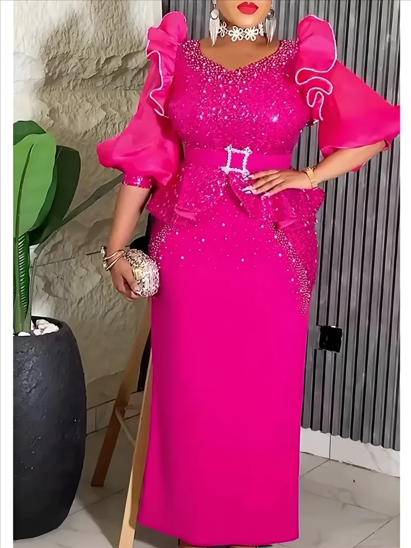 

Plus Size African Party Dresses for Women Dashiki Sequin Maxi Long Dress Elegant Turkey Muslim Wedding Evening Gown 2025 New