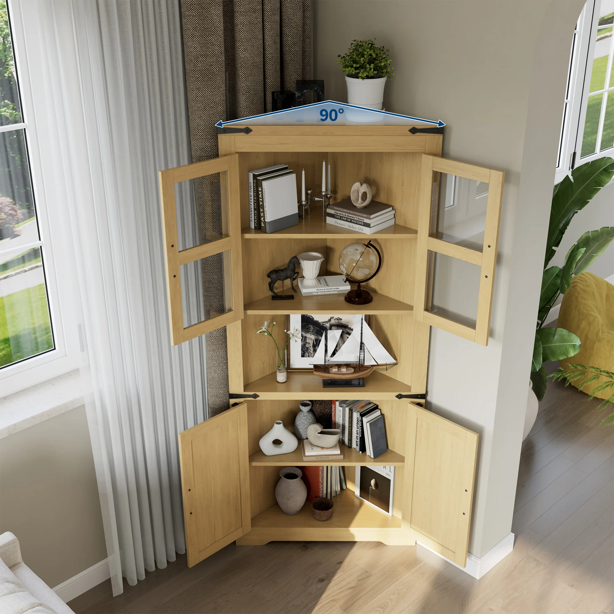 Garvee Tall Farmhouse Corner Cabinet with Glass Door – Adjustable Shelves & Ample Storage – Kitchen, Living Room, Bathroom – White Floral Design image 3