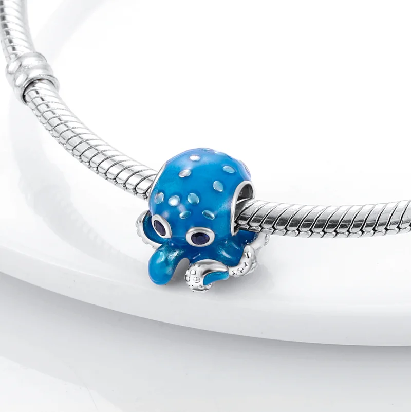 Ciondoli in argento sterling 925 con polpo, tartaruga marina, delfino, zirconi blu oceano, adatti per bracciale originale Pan, gioielli con ciondolo per regalo da donna