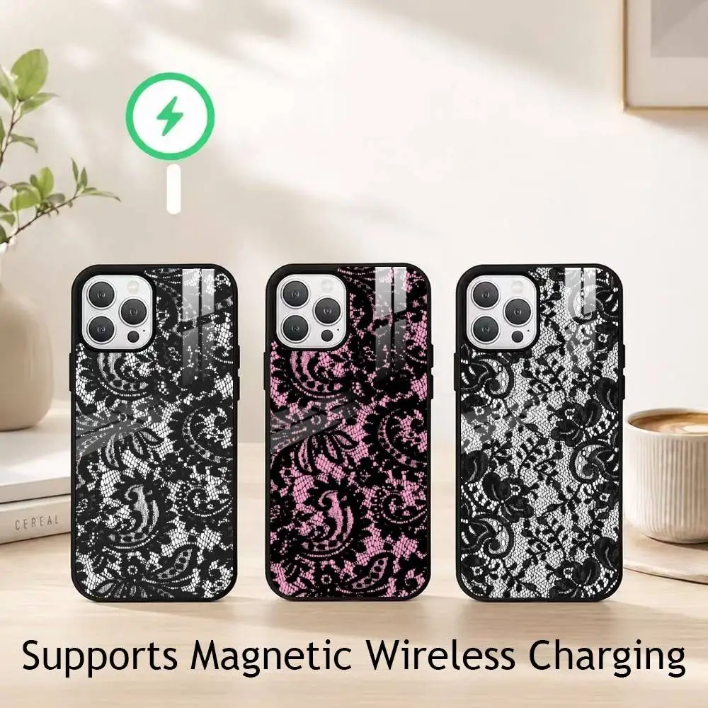 

B-Black Floral L-Lace Phone Case For iPhone17,16,15,14,13,12,11 Plus,Pro Supports Magnetic Wireless Charging