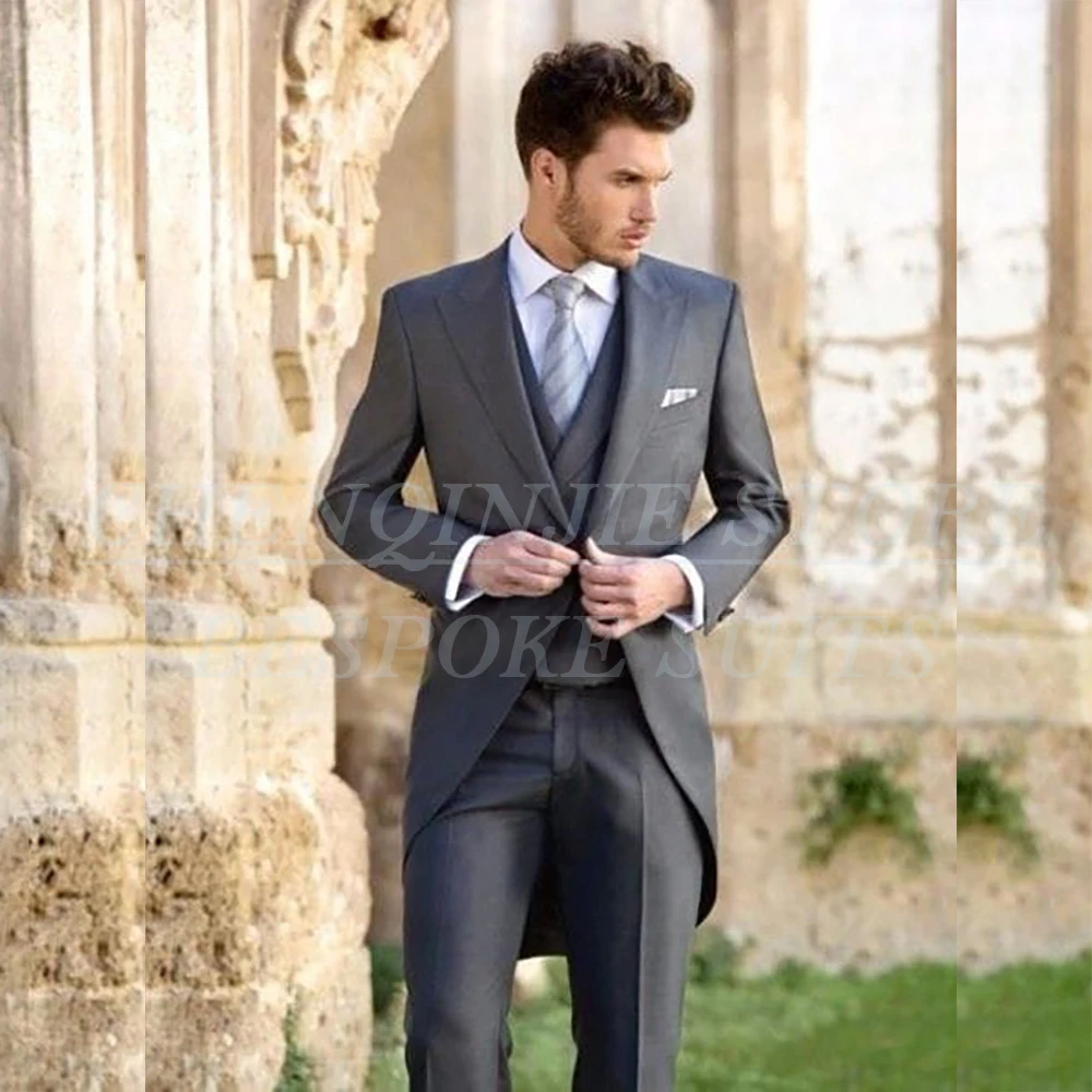 

High Quality Grey Men's Suits Elegant One Button Peak Lapel Slim Fit 3 Piece Jacket Pants Vest Customzied Wedding Male Clothing