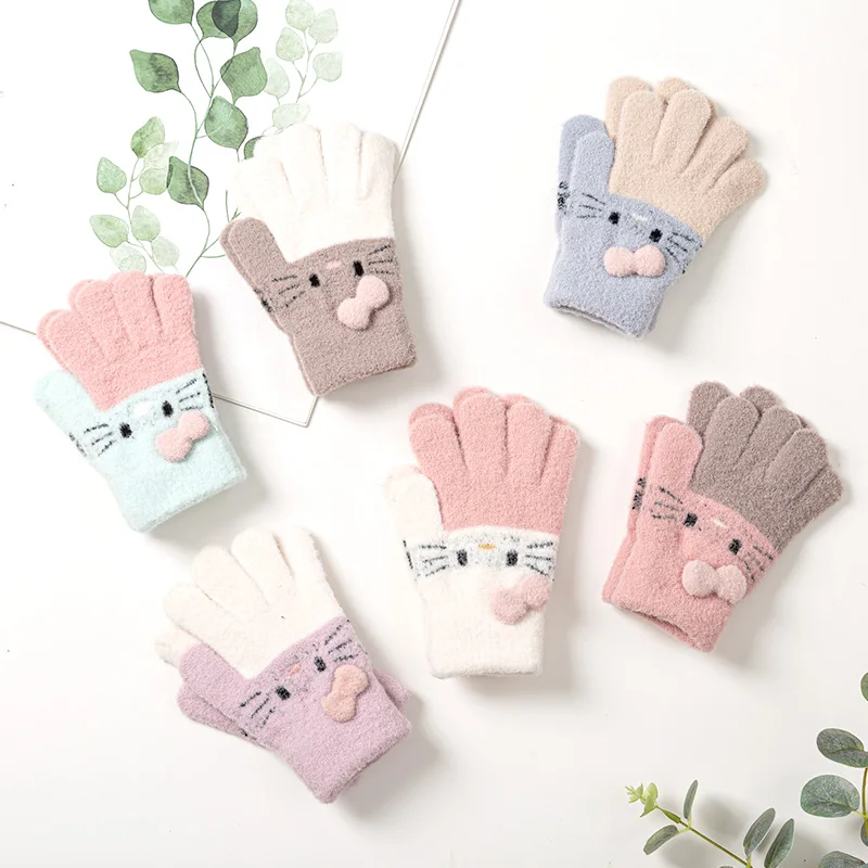 Guantes de punto para niños de 3 a 10 años, manoplas suaves y cálidas de lana de conejo con dibujos animados, dedos completos, Invierno