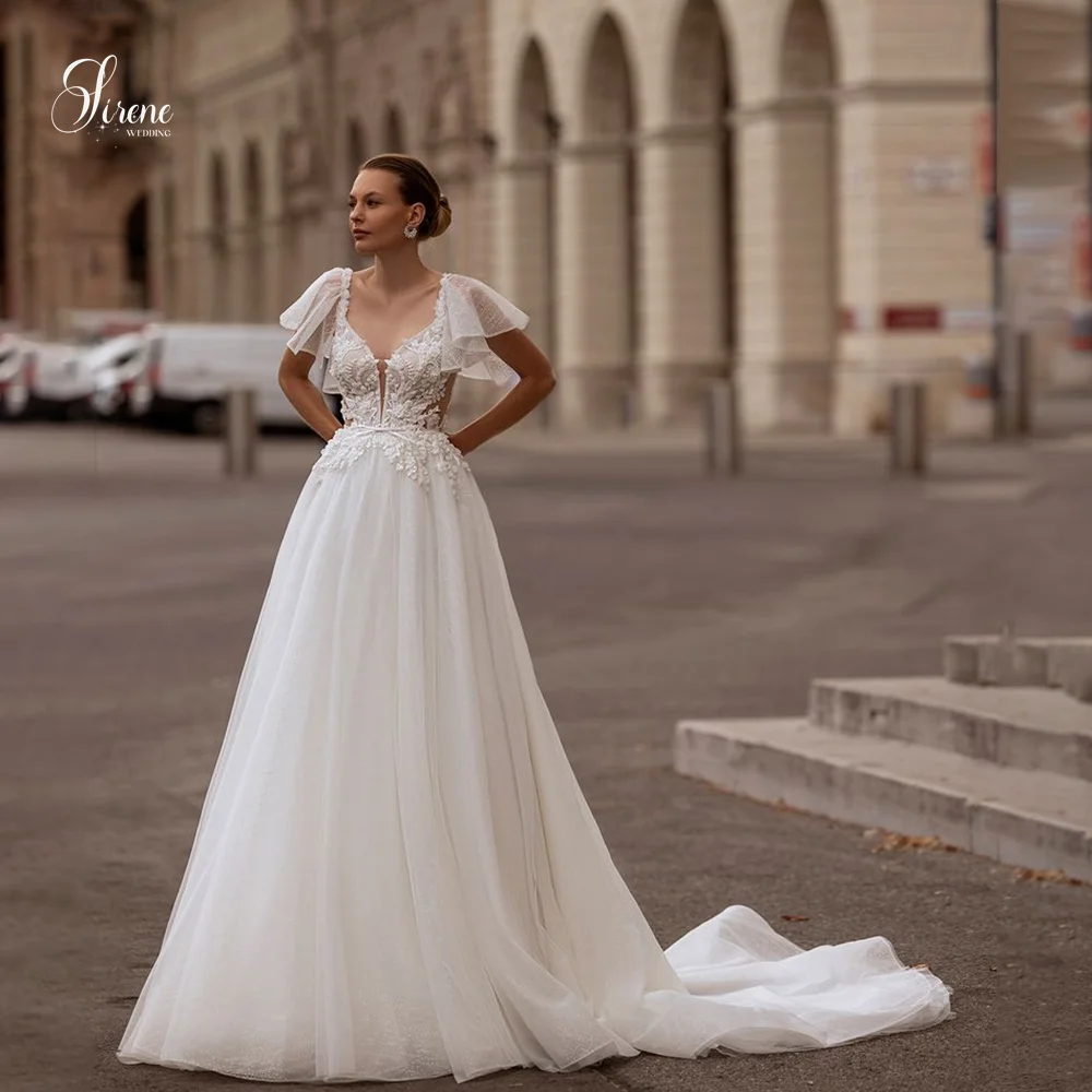 Sirene Moderne V-hals Ruglooze Vloerlengte A-lijn Korte Mouw Kanten Bruidsjurk 2025, Trouwjurk Vestidos De Novia Aangepast