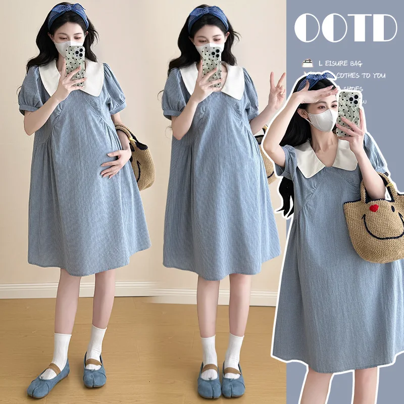 2026 New Summer Maternity Dress Doll Collar Loose Sweet Dress, Belly Hiding Outfit For Petite Pregnant Women