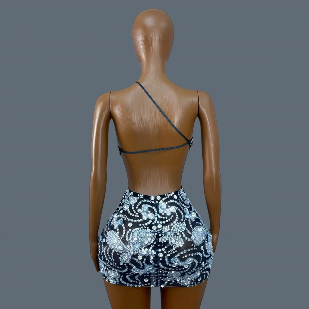 Black Mesh Halter Mini Dress Silver Butterfly Rhinestone Pattern Front & Side Cutout Bodycon Stage Club Sexy Outfit Xuanwodie