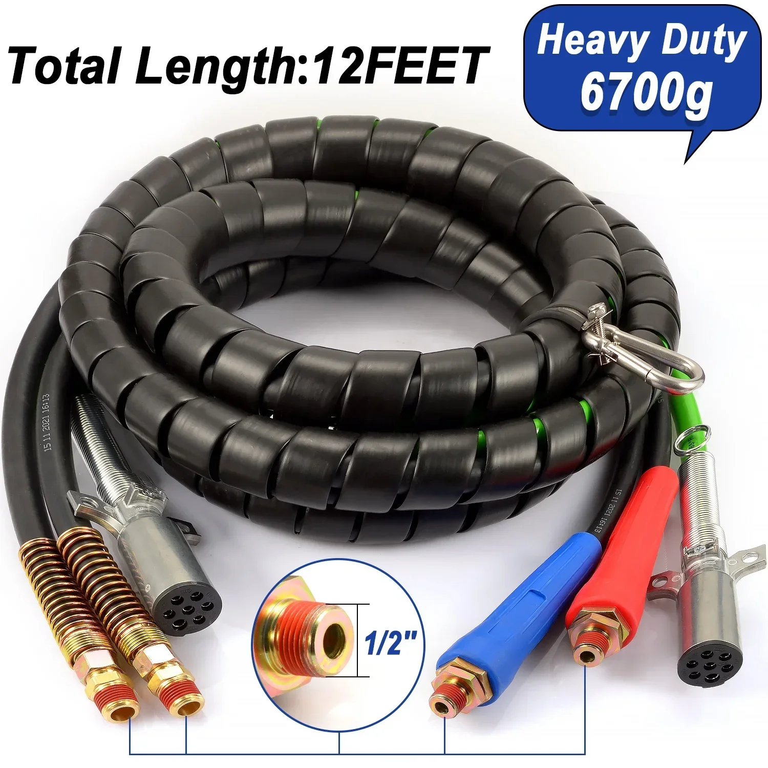 12Ft 3 in 1 wrap Air Power Line 7 Way Glad Hand Air Hose ABS Semi Electrical Air Line Hose Trailer