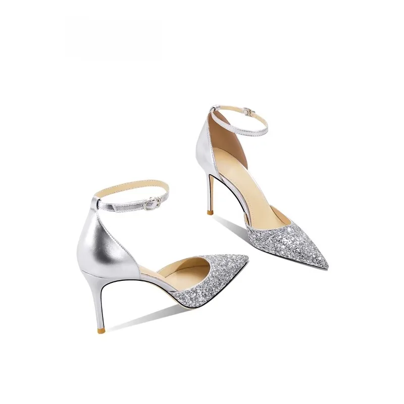 

Silver Sequined High Heels Women Pointed Hollow Buckle Bag Head Sandals