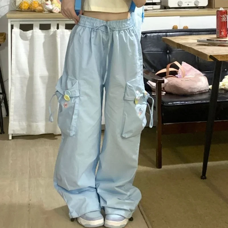 Blue Sweet Japanese Versatile Trend Embroidered Casual  Trousers Women Summer High Waist Loose Multi Pocket Wide Leg Cargo Pants