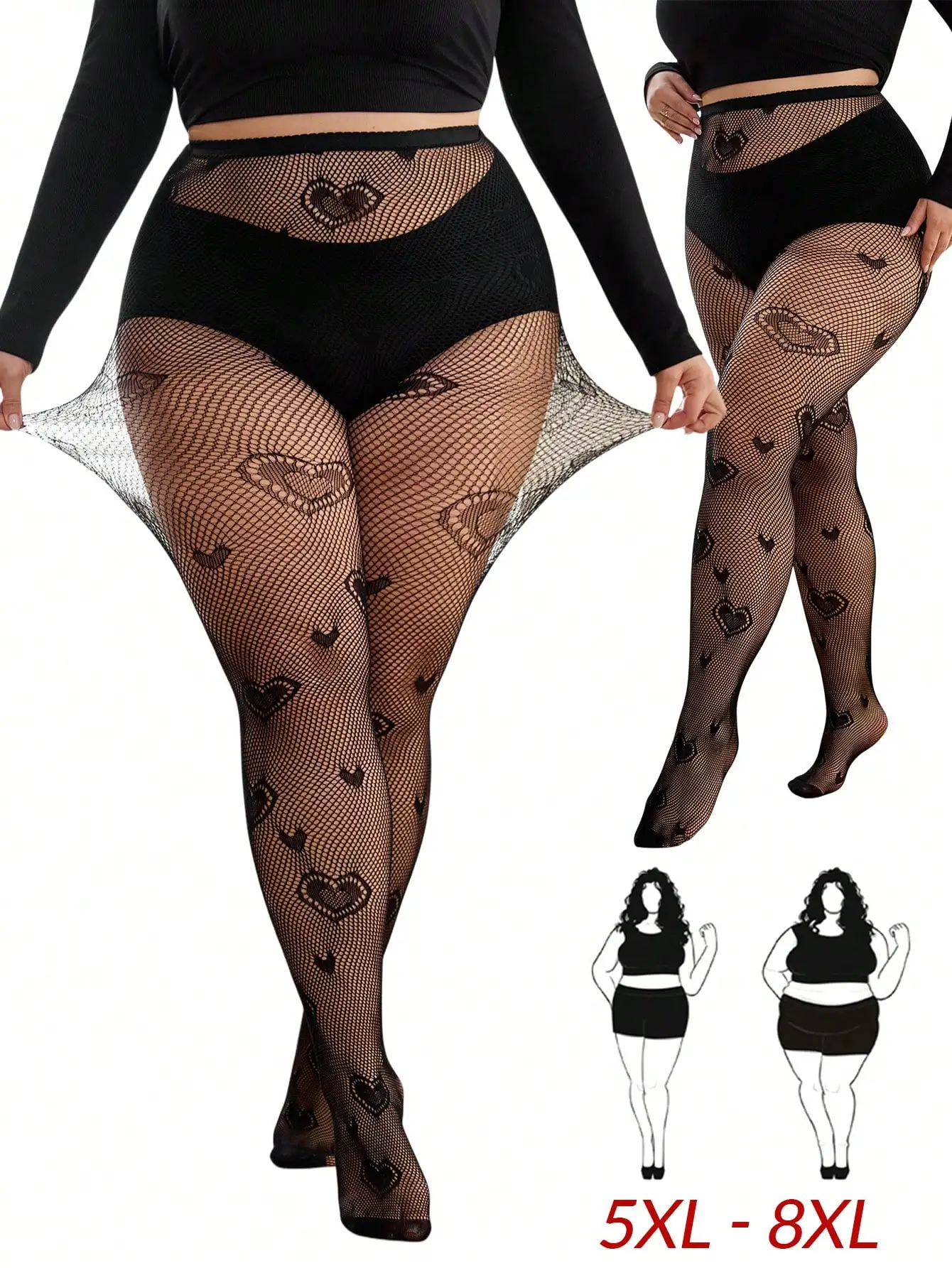 

Plus Size Black Fishnet Stockings with Heart Pattern for Party Wear