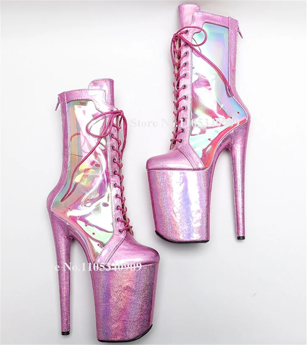 

Bondarenko Sexy Metallic Pink Patchwork PVC Stiletto Heel Short Boots Round Toe Lace-up High Platform Thin Heel 20cm Dance Shoes