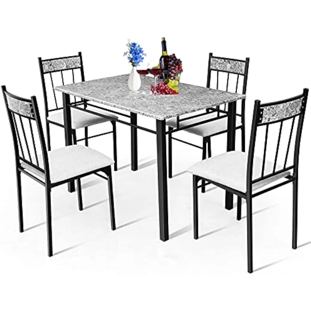 Kitchen Dining Set, Marble Dining Table Set with Sponge Cushion and Metal Structure, Modern Kitchen Table Set for Apartment