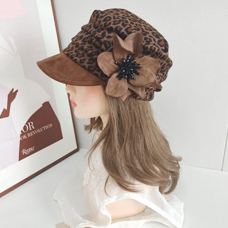 Original Design Leopard Print Pleated Equestrian Hat Sweet Fashionable Korean Style Crystal Flower Beret Girl's Painter Hat