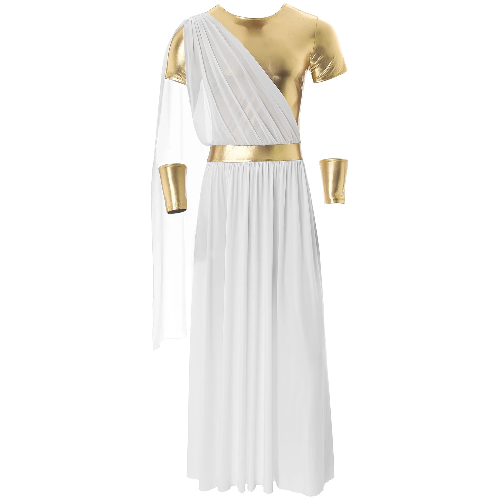 Halloween Ancient Greek Toga Costumes Men Roman Cosplay Role Play Outfits Short Sleeve Metallic Robe with Wristband Tunic Outfit