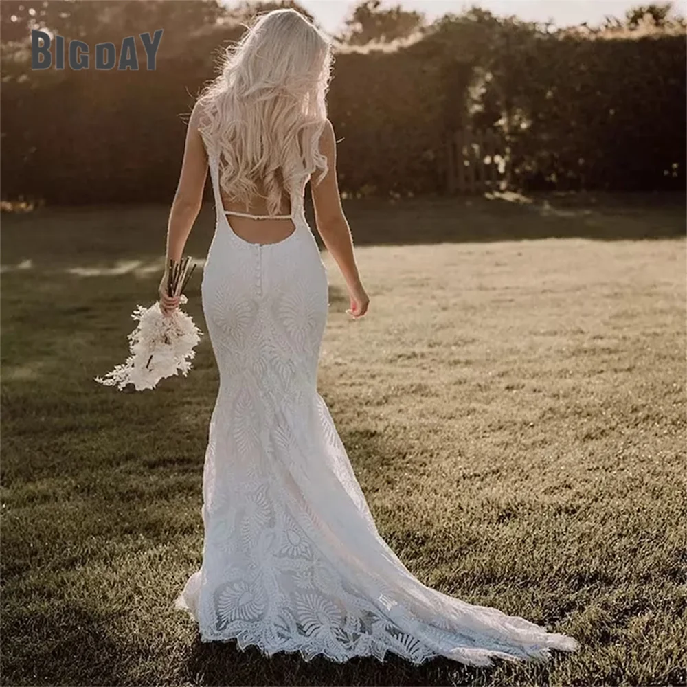 Bohemian Mermaid Wedding Dress Lace Long Train Boho Bridal Gown Sleeveless Party Skirt Open Back Elegant Sheath vestido de novia