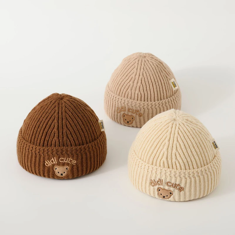 

Вязаная шапка с милым медведем, зимняя теплая детская пуловерная шапка для детей от 3 до 9 лет, шерстяная вязаная крючком шапка для мальчиков и девочек, однотонные детские шапочки