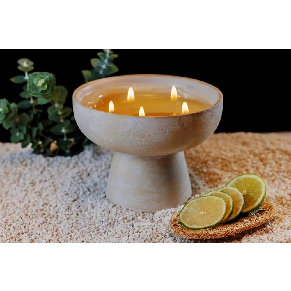 شمعة الصويا الفاخرة المصنوعة يدويًا مع الزيوت العطرية للأوكالبتوس والليمون، 5 فتائل، فتيل قطني، حاوية سيراميك، بيني للعلاج العطري