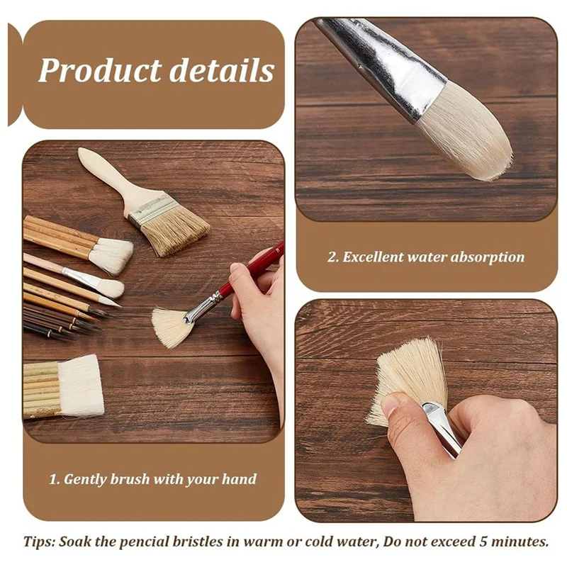12Pcs Pottery Glaze Brushes Wooden Watercolor Wool Hair Sector Painting Brushes For Drawing Artists Painting Calligraphy
