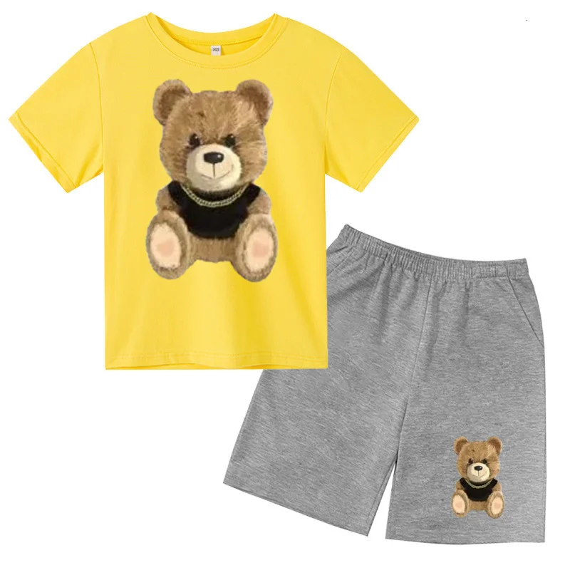 

Boys and girls T-shirt short sleeve set Summer clothes for ages 3 to 12 Bear pattern short sleeve and pants set children's cloth