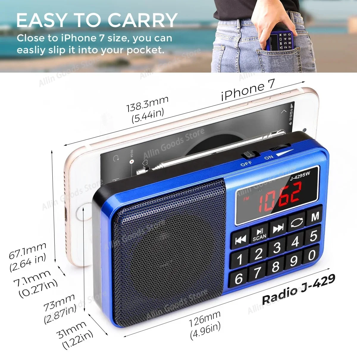 J-429 Digital Portable Speaker FM Radio AM MP3 Audio Music Player AUX USB TF SW Radio Multifunctional Rechargeable Battery