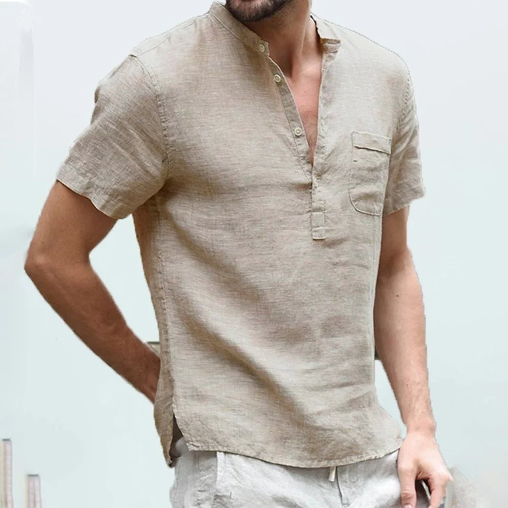 

Men's Cotton Linen Short Sleeve T-Shirt Casual Leisure Chinese Style Thin Fabric Summer Shirt Youth Popular Loose Fit Button ...