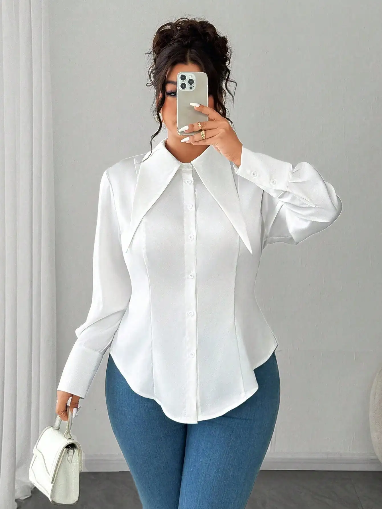 

Women's White Long Sleeve Button-Up Shirt with Wide Collar and Cinched Waist