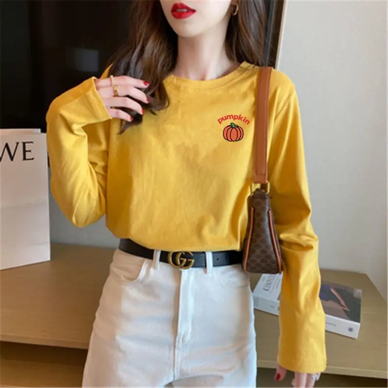 Korean Spring Autumn Women's 2024 New Spliced Pullover O-Neck Printed Letters Fashion Solid Color Loose Casual Long Sleeved Tops