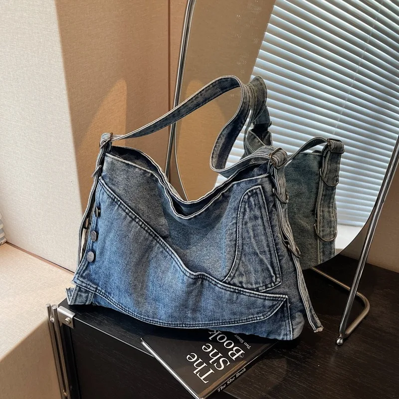 

Denim Tote Bag Women New In Large Capacity Casual Splicing Button Decoration Shoulder Bag High Quality Minimalist Crossbody Bag