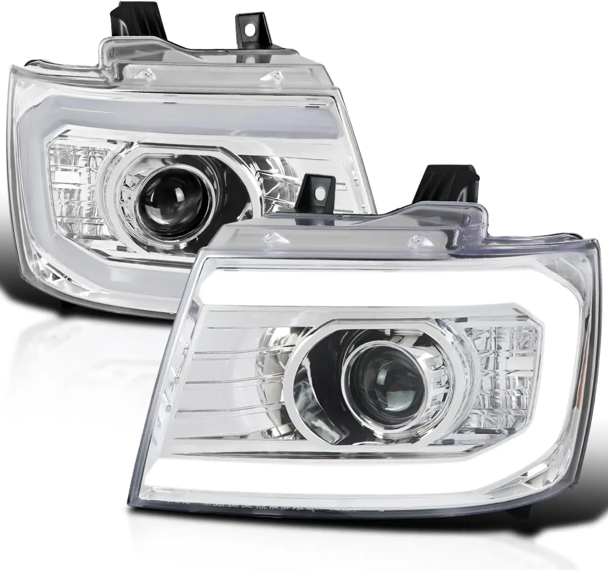 

Chrome DRL LED Strip Projector Headlights Compatible with 2007-2014 Chevy Avalanche, Tahoe, Suburban 1500 2500, Left + Right Pai