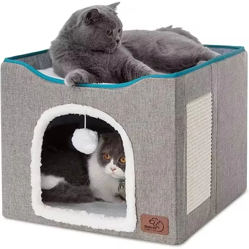 Foldable Hideaway Cat Beds Large Cat Cave for Pet House with Fluffy Ball Hanging and Scratch Pad