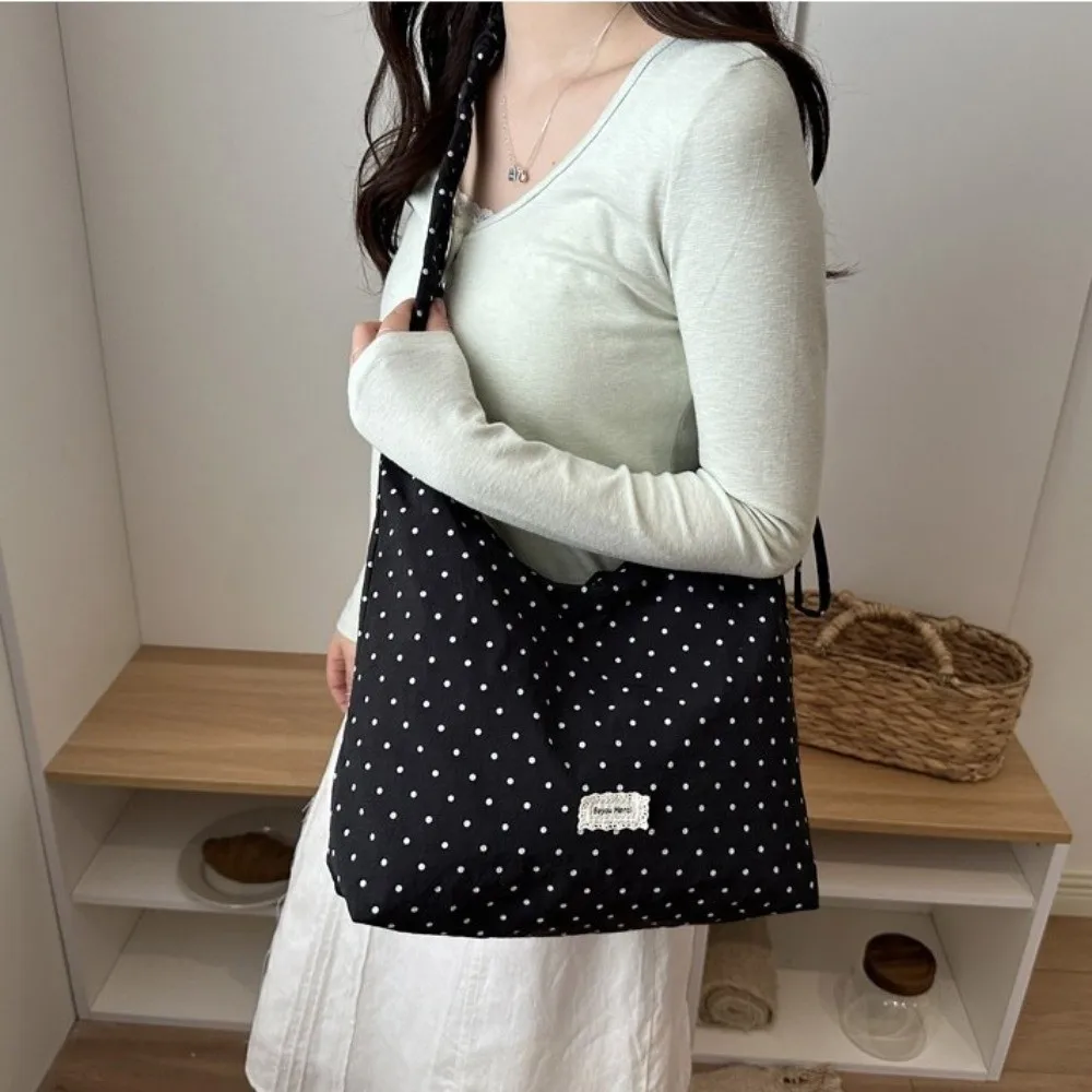 

Casual Ruched Handle Polka Dot Shoulder Bag Korean Style Lightweight Tote Bag Hobo Bag Large Capacity Women Handbag Daily Use