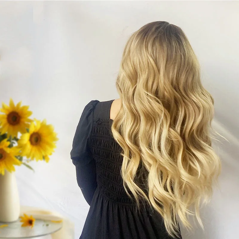 Cabelo longo ondulado feminino com uma separação média ondas grandes peruca de fibra sintética de seda de alta temperatura estilo vento natural