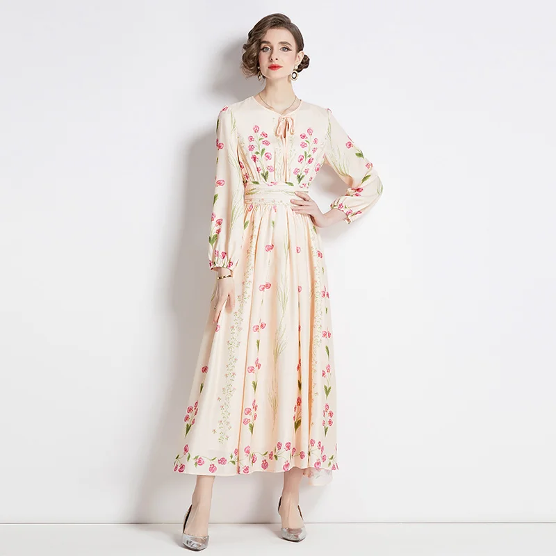 2024 Spring New Apricot Silk Flower Printed Long sleeved Dress for Women O-Neck Spliced Waist Slimming A-line Skirt Long Dress