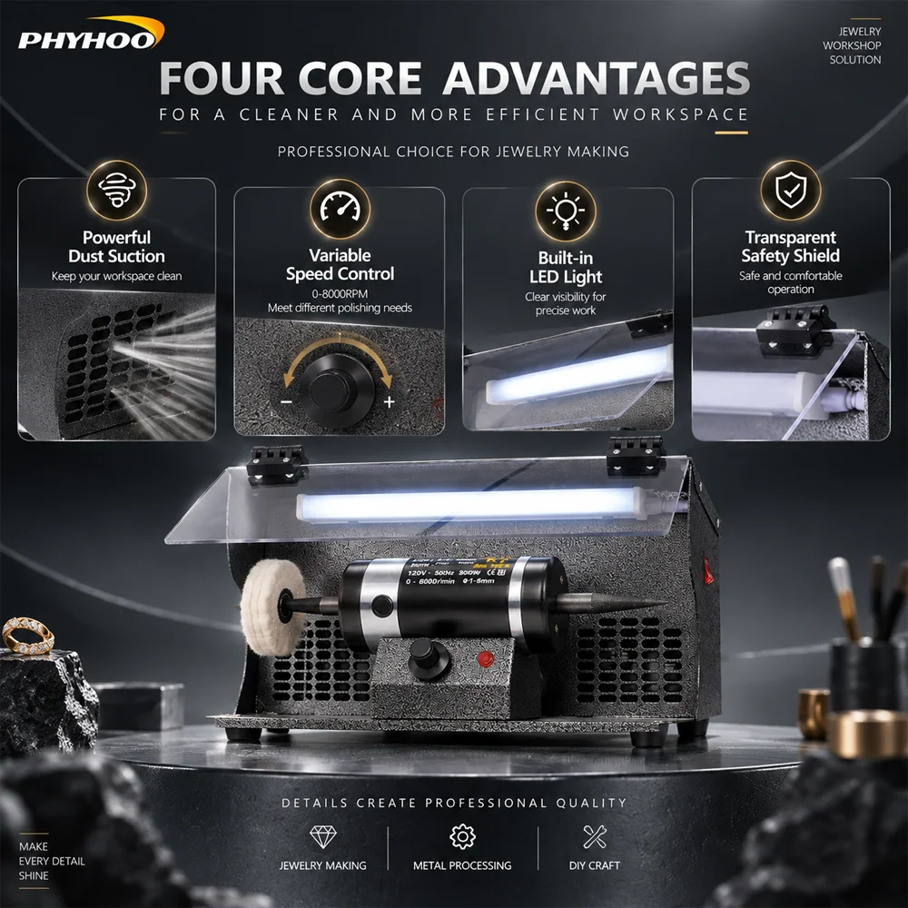 PHYHOO 200W Jewelry Polishing Machine 8000RPM Bench Buffer Polisher with Dust Collector LED Light Variable Speed for Metal Craft