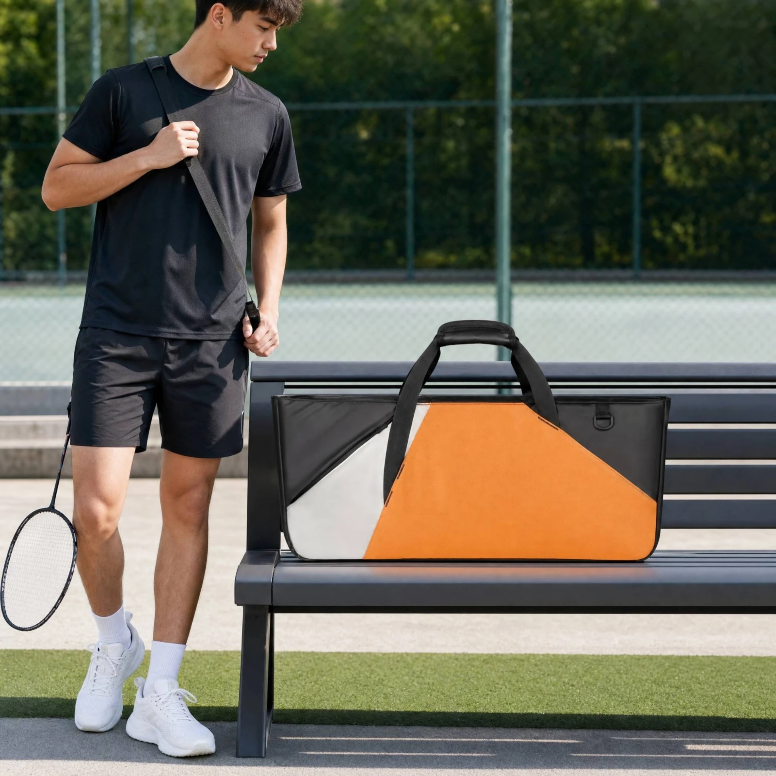 Racket Bag with Zippered Compartment Rectangular Sports Carry Bag with Shoulder Strap Long Portable for Gym Goers, Tennis Court