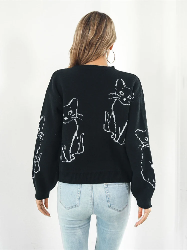 New Autumn Fashion Women Knitted Sweater Y2k Retro Cat Jacquard Pullover Female Long Sleeve Cartoon Anime Loose Jumpers Knitwear