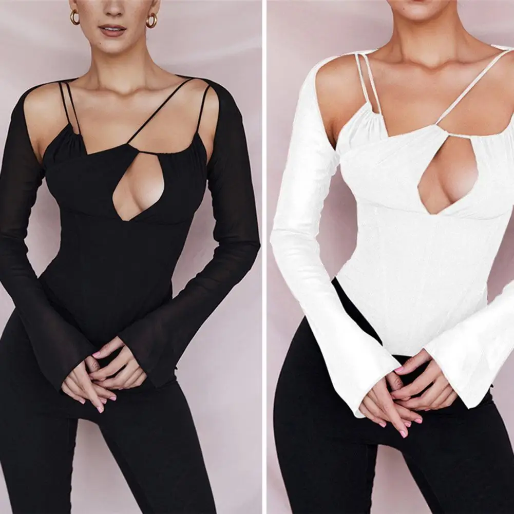 

Irregular Sling Solid Color Front Hollow Women Blouse Flare Long Sleeve See-Through Mesh Stitching Skinny Top Ladies Clothing