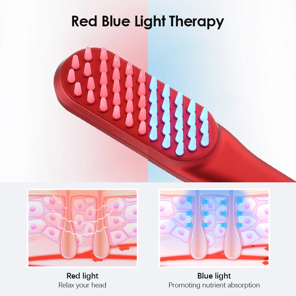 Pente elétrico da massagem do crescimento do cabelo, terapia da luz vermelha e azul, estimular o folículo, massageador anti denso da vibração