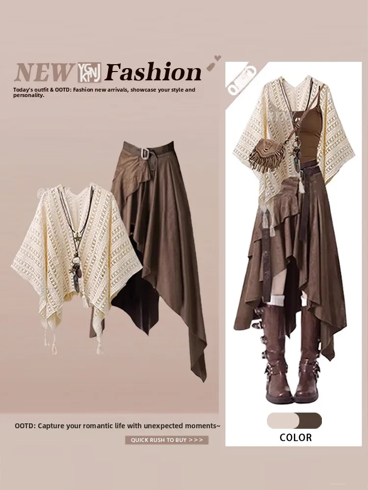 Retro Ethnic Sle Hollow out oulder Wrap Waist Cinching Asymmetrical  Skirt And Top Set Summer 2025 Faion Women's En...