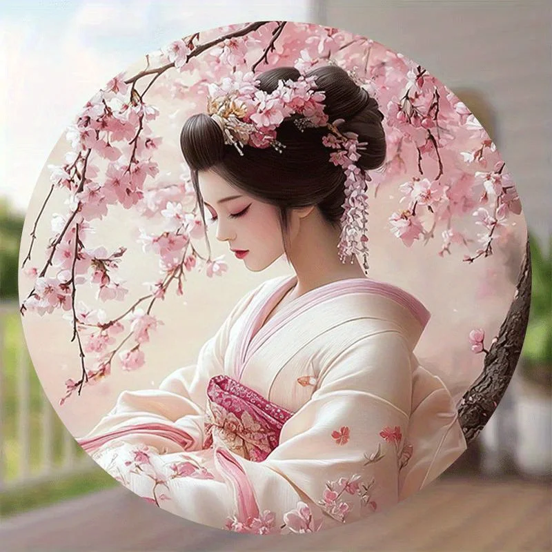 2D Printed Metal Sign, Vintage Classic Design with Kimono Woman & Sakura, 8.0 Inch Diameter for Home Bar Cafe Club Dorm Room Wal