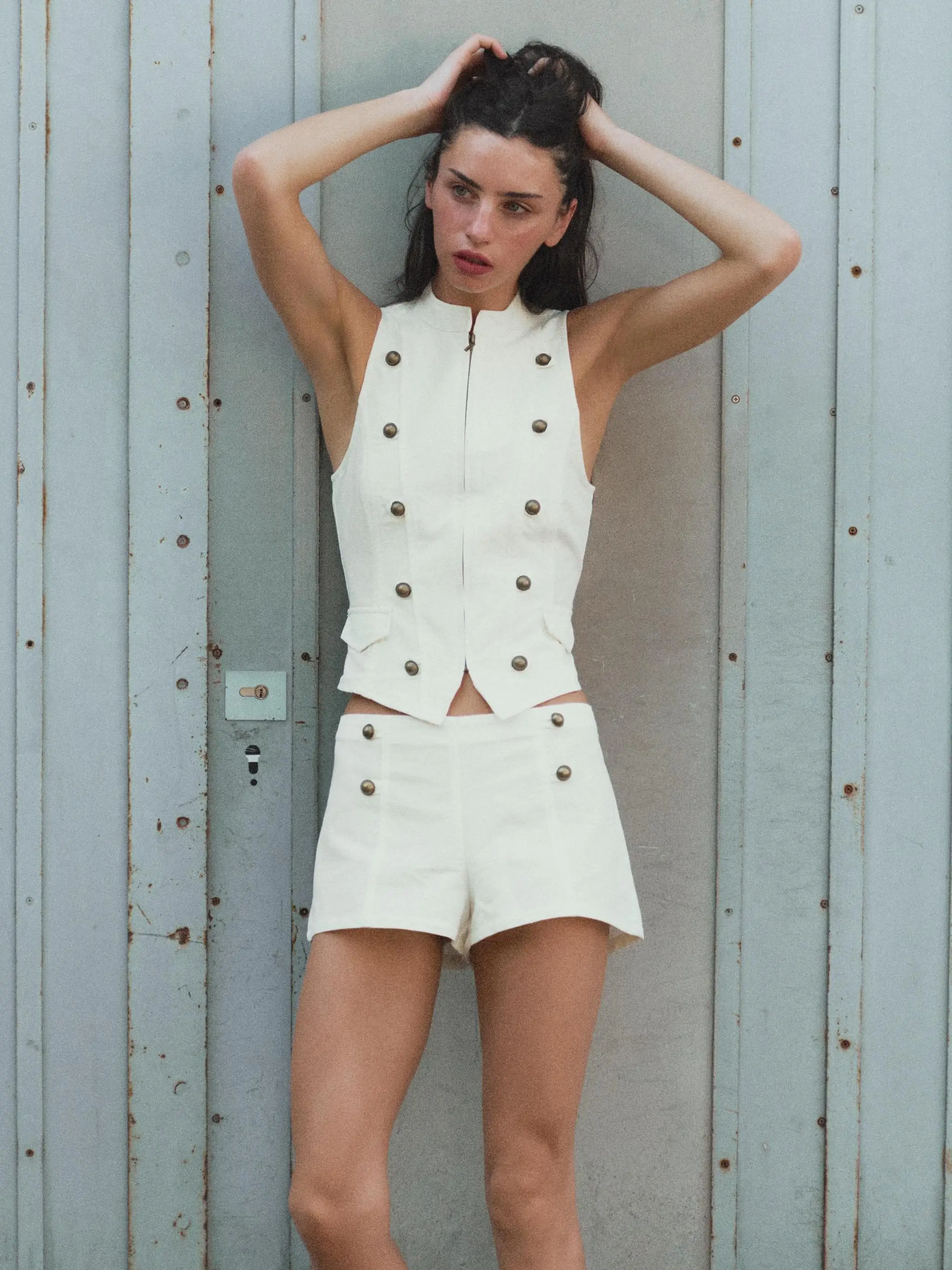  Shorts Women's New Summer Shirt Button up Top round Neckline Regular Length Sleeveless Slim Fit Chinese Style Clothing