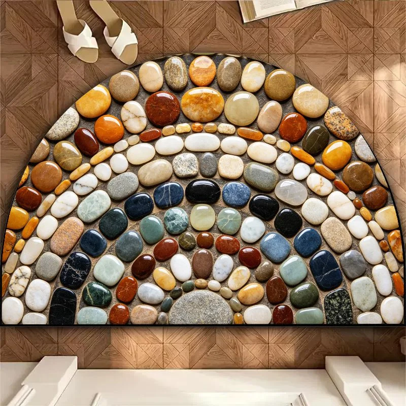 VIKAMA Semi-Circle Simulation Natural Pebble Door Mat, Non-Slip Entrance Rug for Foyer & Bathroom, Nature-Inspired Decor