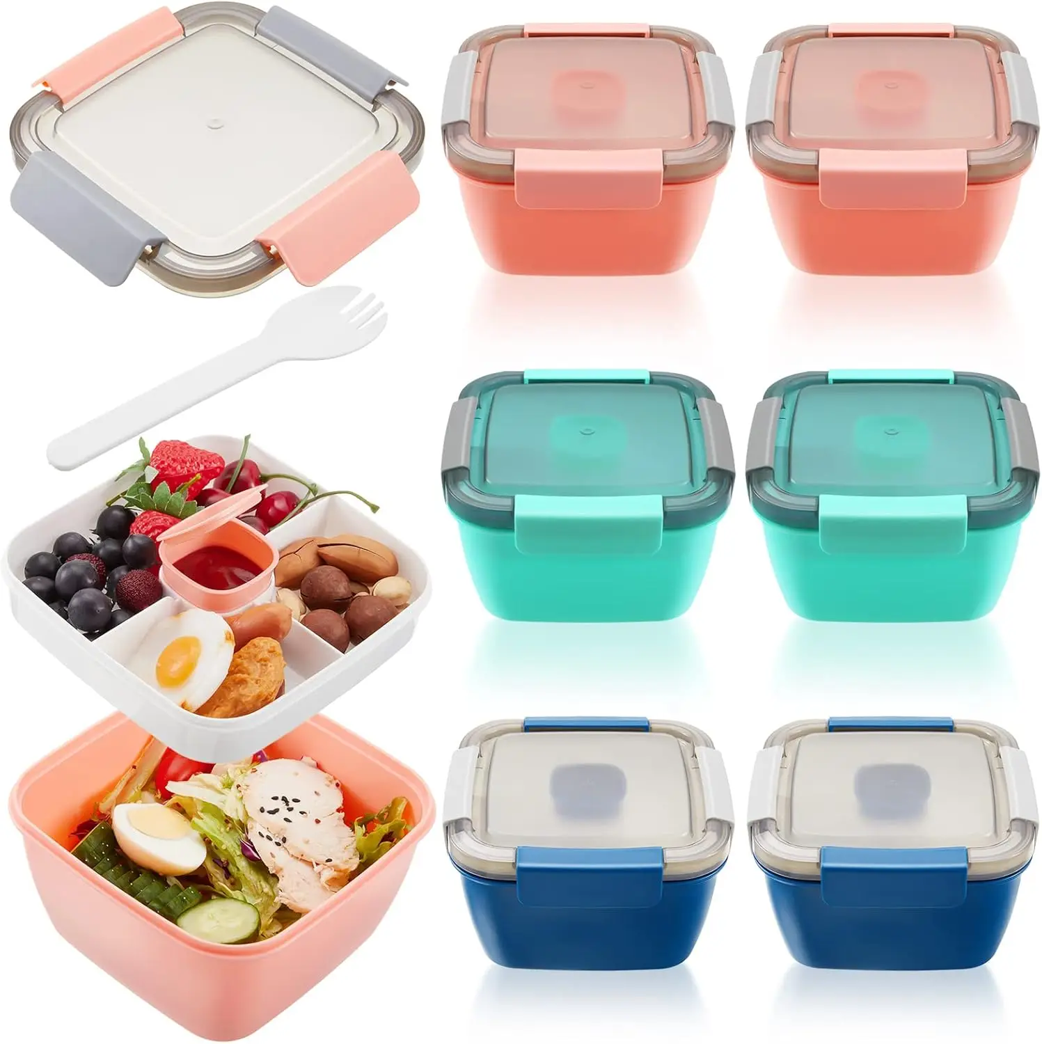 6 Pcs Salad Container for Lunch 50 oz Salad Lunch Container with 3 Compartment Reusable Salad Bento Box for Adult with Dressing 